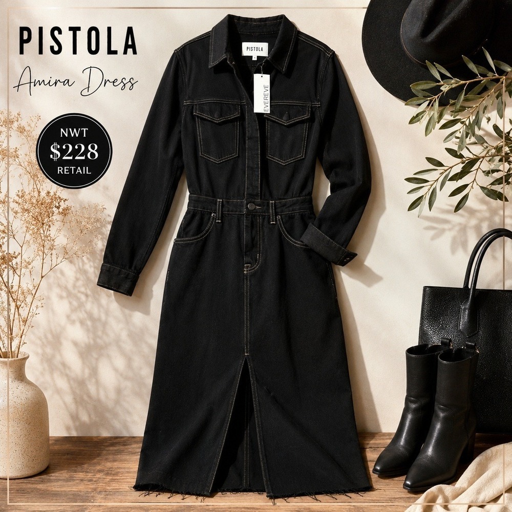 Pistola Amira Denim Midi Shirt Dress XS Black Denim Utility Western Raw Hem NEW